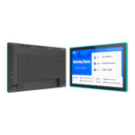 Close-up of smart meeting room tablet showing edge LED indicators for room availability