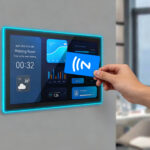 User interacting with a wall-mounted smart lighting control touch panel