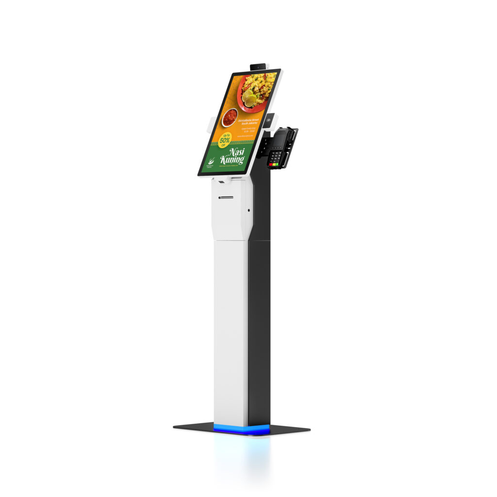 PR1502/PR2202/PR2402 15.6″/21.5″/23.8″ Android/Windows Floor Standing Self Service Kiosk with Printer & QR Code Scanner