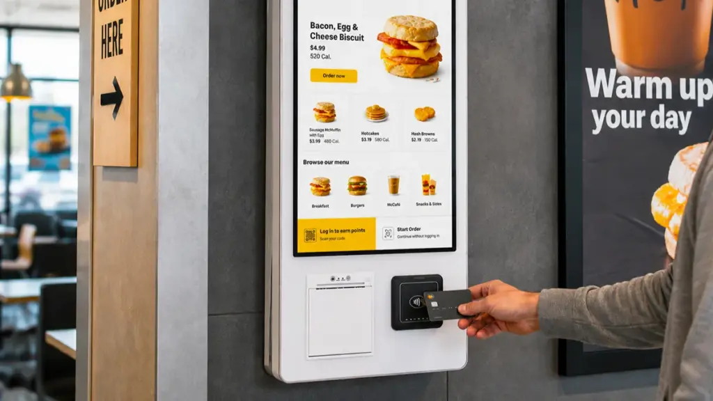 A customer using a credit card at a self-service ordering kiosk
