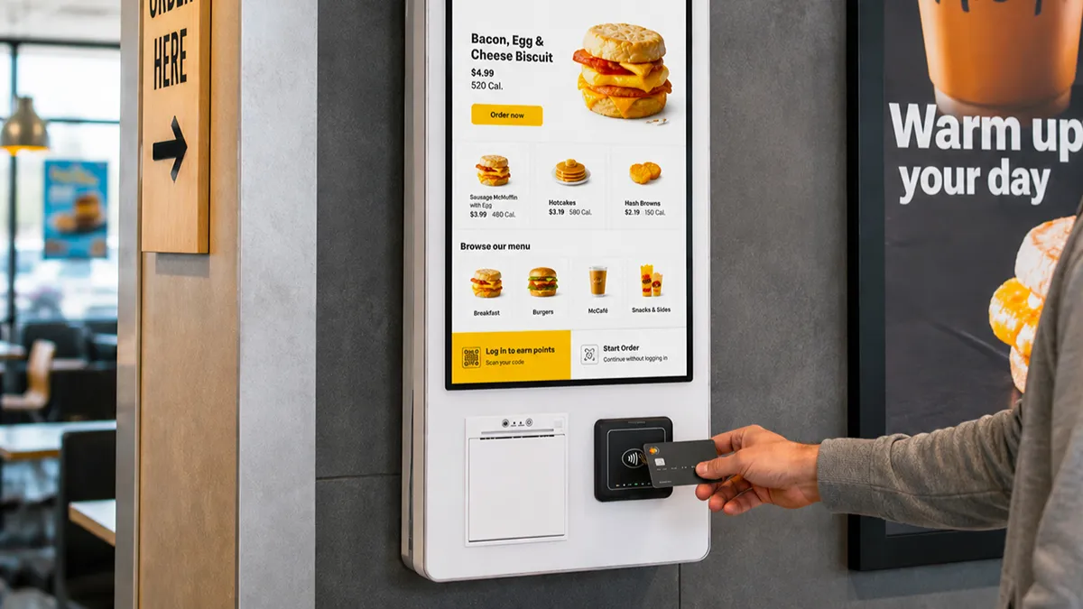 Customer paying by credit card at a self-service ordering kiosk