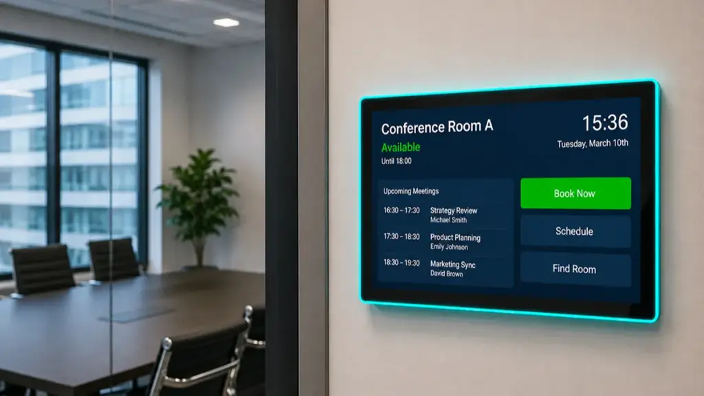 Digital conference room scheduling display mounted on an office wall