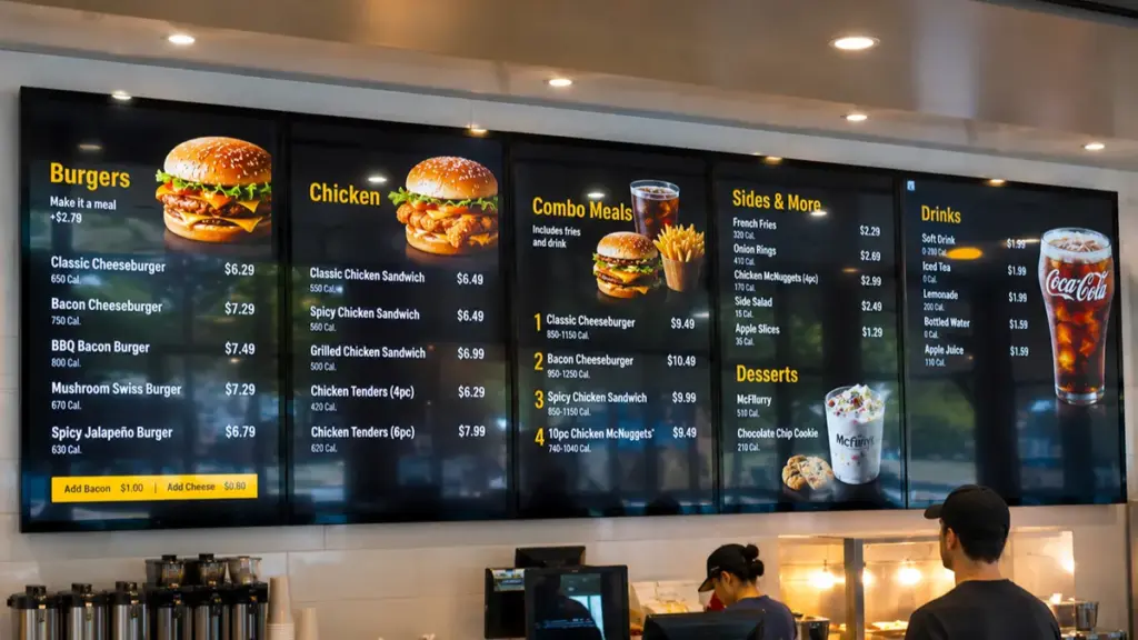 Digital menu boards displayed behind a fast food restaurant counter