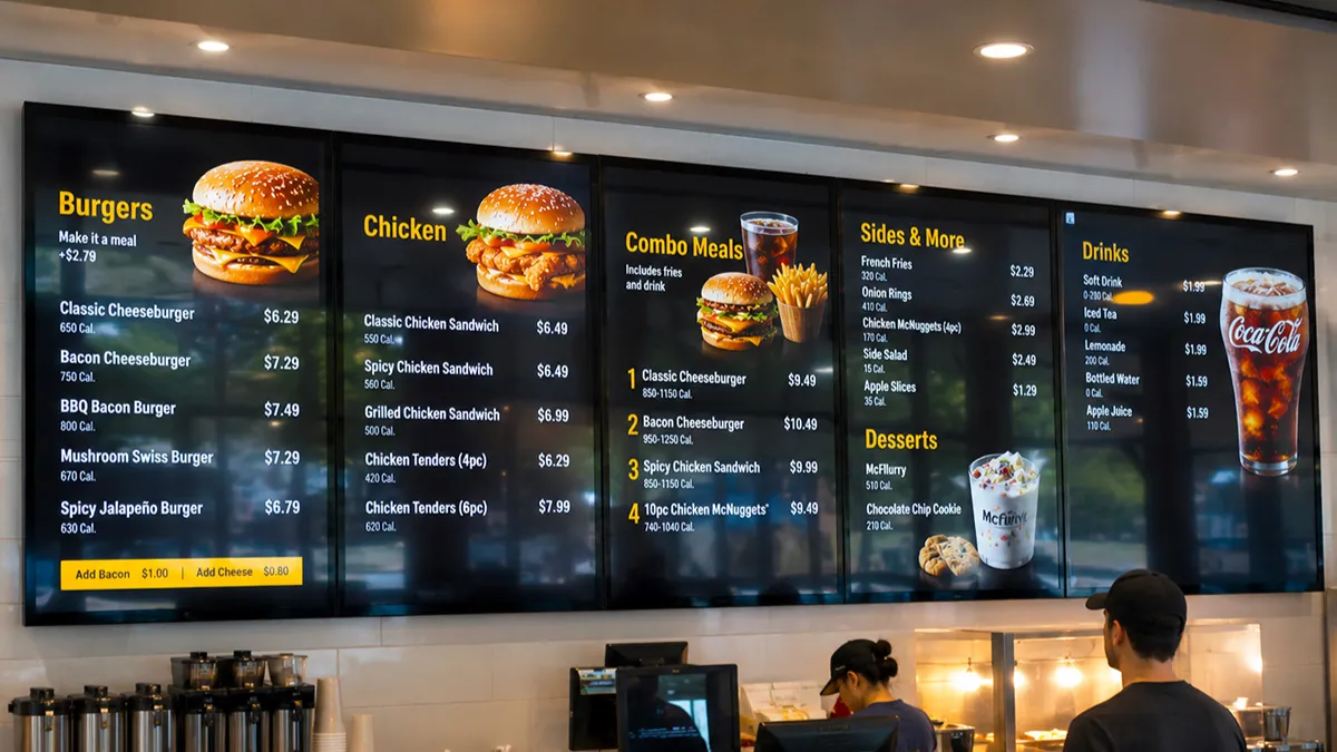 Digital menu boards and ordering screens behind a fast food restaurant counter