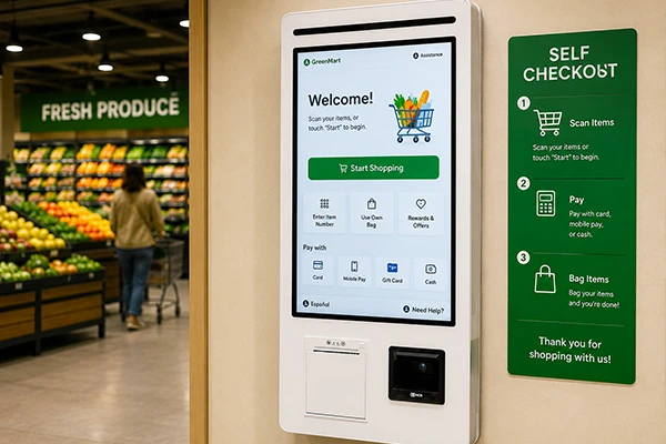 Supermarket retail self-checkout kiosk in a store aisle deployment