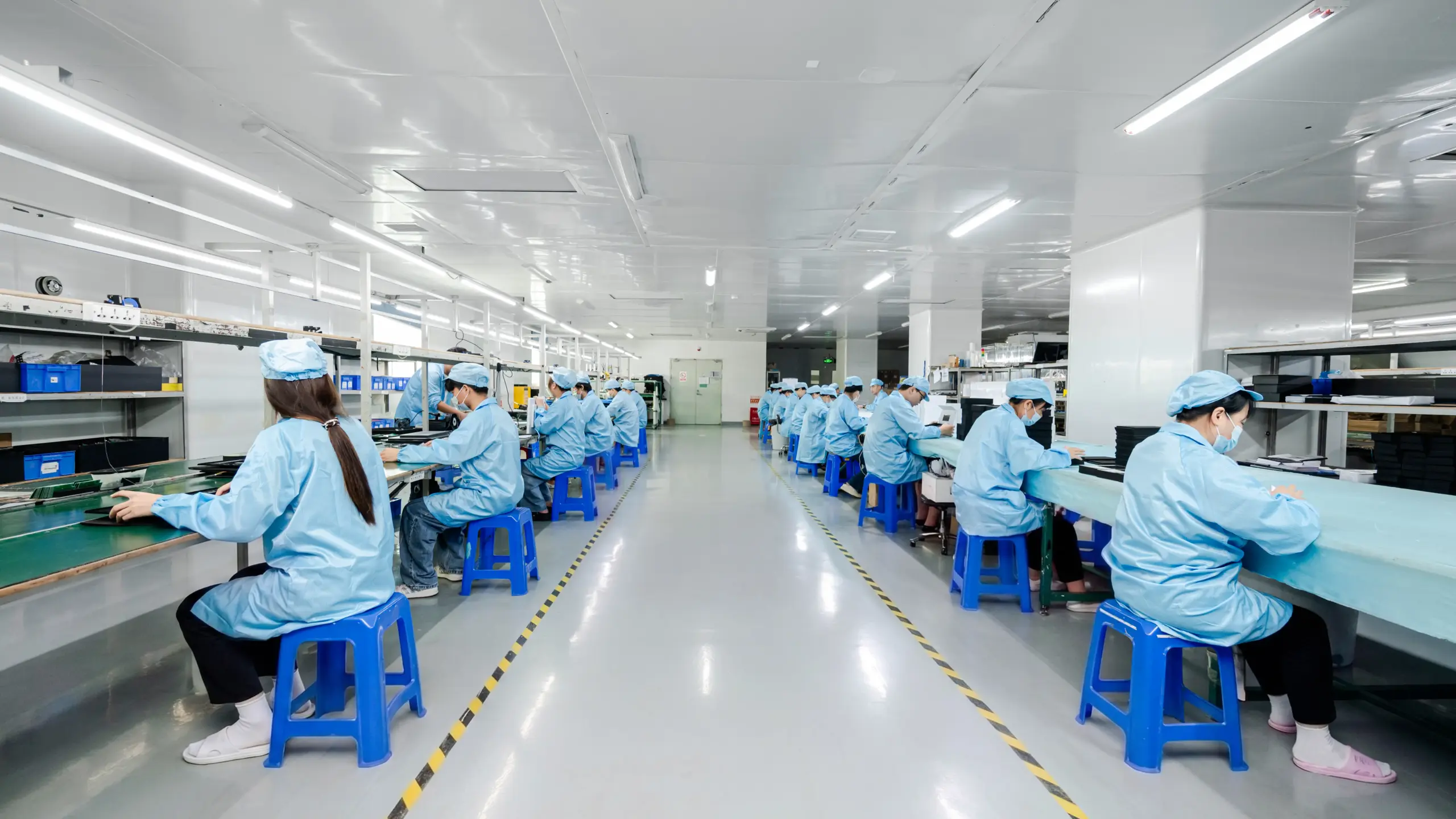 Product Assembly Workshop Panorama Workers in blue cleanroom suits seated at long assembly lines in a bright, spacious factory workshop