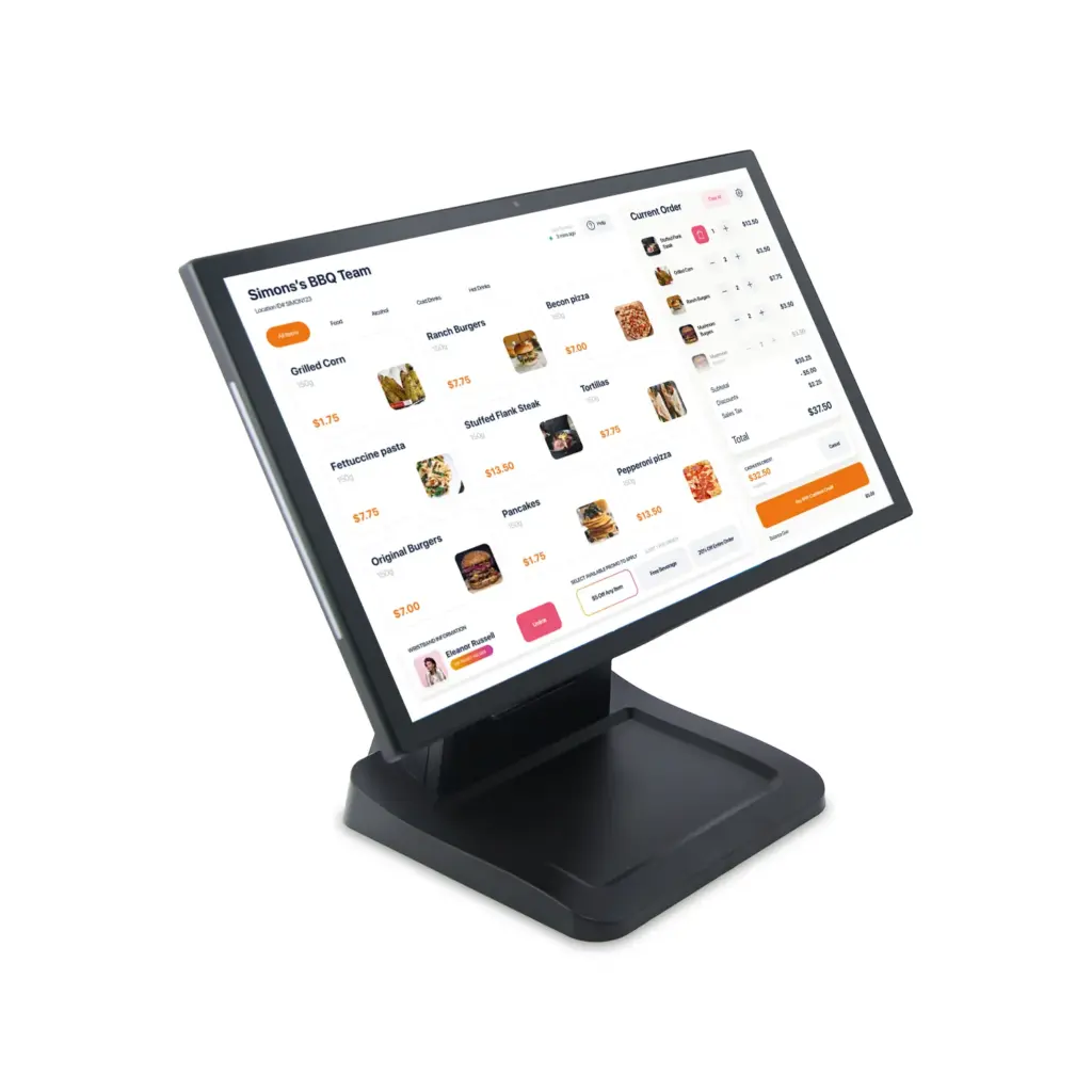 Black touch screen POS terminal displaying a restaurant menu and order summary for Simons's BBQ Team.