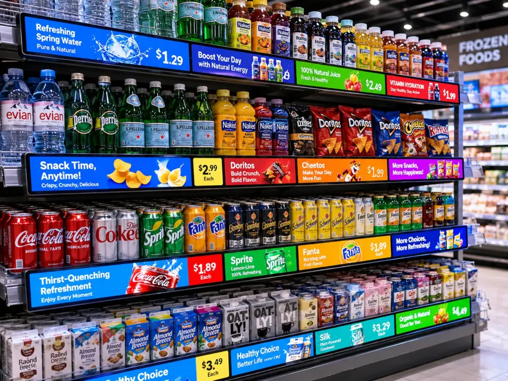 Colorful supermarket shelves stocked with sodas, juices, water, chips, and plant-based milk alternatives with price signs