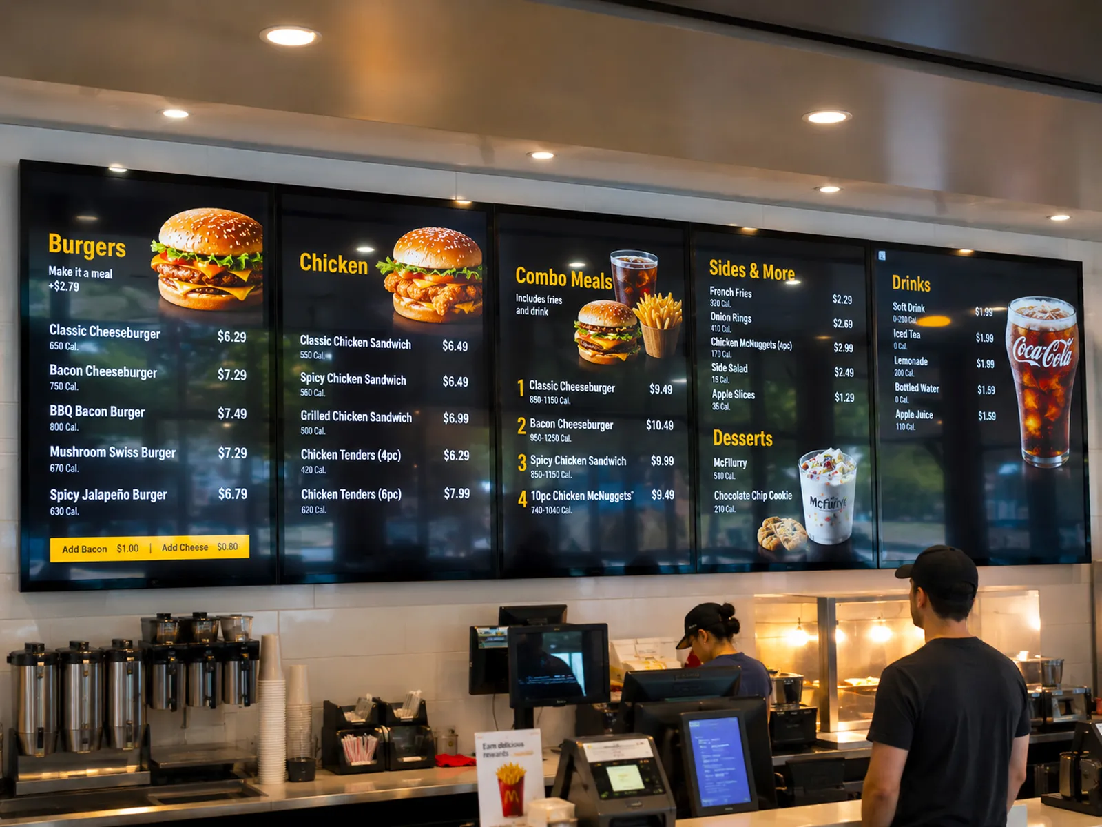 Digital menu board at McDonald's showing burgers, chicken, combos, and drinks with customers at the counter