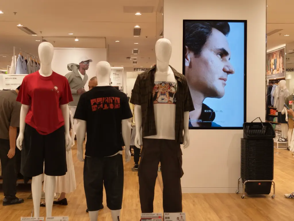 Mannequins displaying casual summer clothing including red and black t-shirts with shorts in a Uniqlo store with large promotional wall display